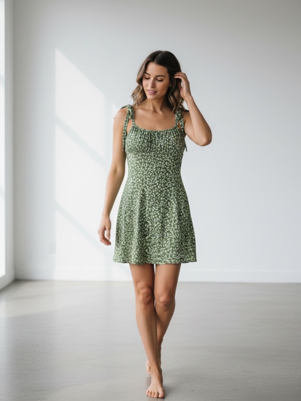Green Floral Tie Shoulder Mini Sundress Size L Cottagecore Summer Dress